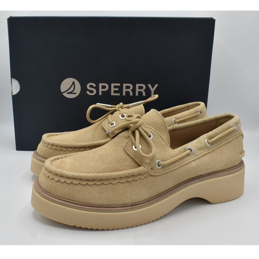 Sperry Women Size 9 Bayside Bone Beige Tan Suede Platform Boat Shoes Chunky